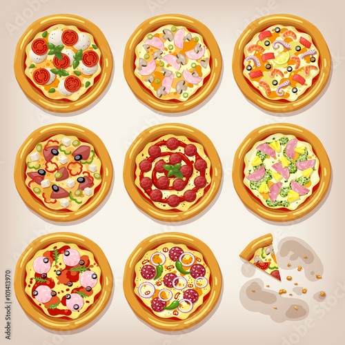 Various pizzas vector collection. Pizza set. Cartoon style icon. Restaurant menu illustration. 