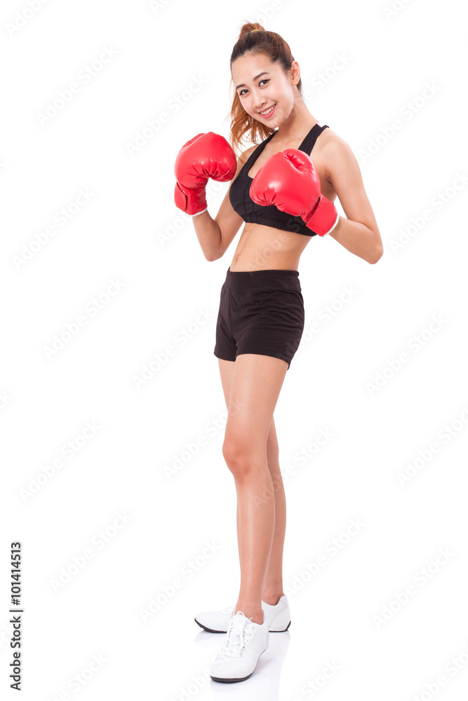 Boxer - Full length fitness woman boxing wearing boxing red gloves on white background. Boxer - Full length fitness woman boxing wearing boxing red gloves on white background.