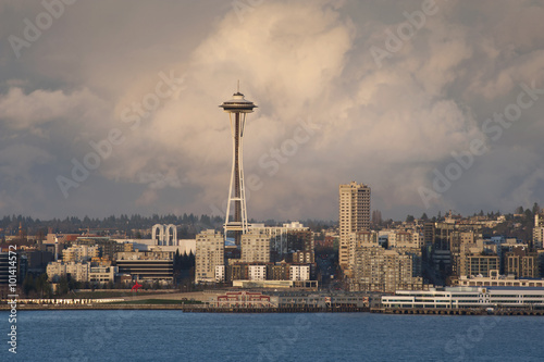 Seattle Skyline. The Seattle waterfront is dominated by the holdover of the 1962 World's Fair, The Seattle Space Needle.