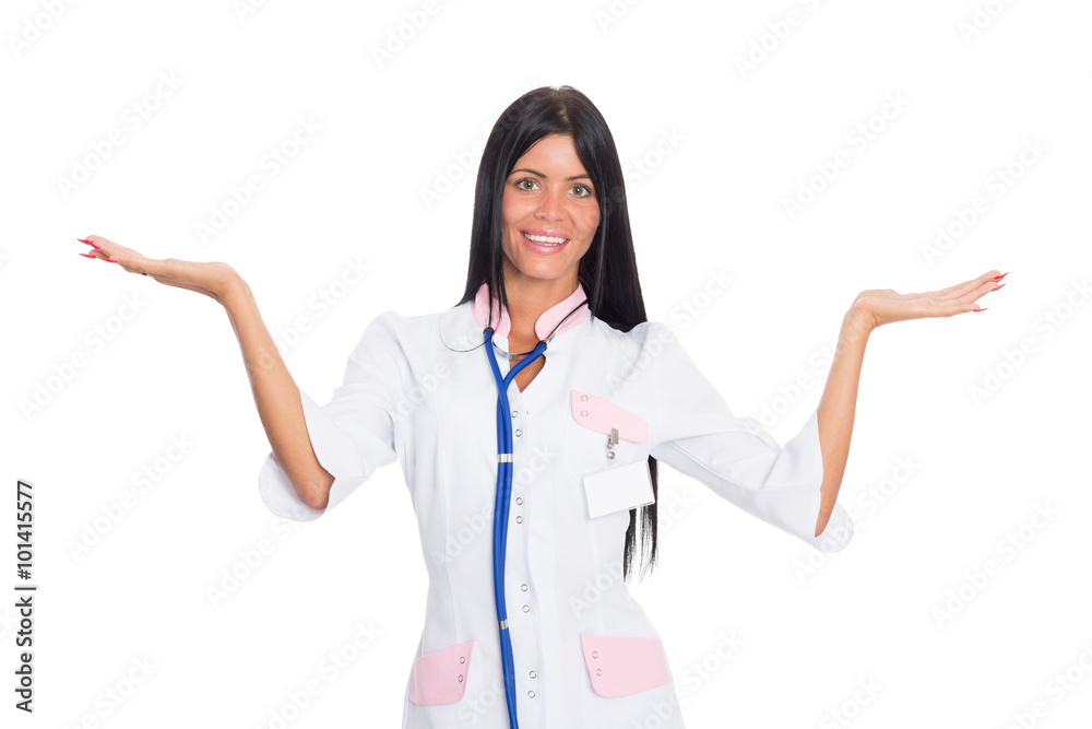 Smiling medical doctor presenting copy space Smiling medical doctor presenting copy space
