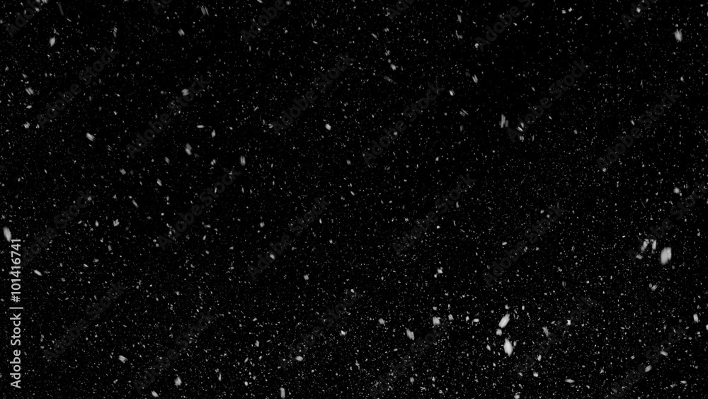 Falling down in slow motion real snowflakes from left to right, calm snow, shot on black background, matte, wide angle, seamless looped animation, isolated, perfect for digital composition