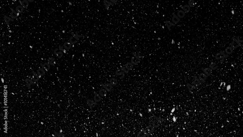 Falling down in slow motion real snowflakes from left to right, calm snow, shot on black background, matte, wide angle, seamless looped animation, isolated, perfect for digital composition photo