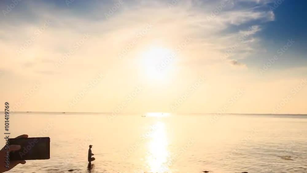 Blond Girl Makes Selfie Camera Moves to Sun Path at Sunset Blond Girl Makes Selfie Camera Moves to Sun Path at Sunset
