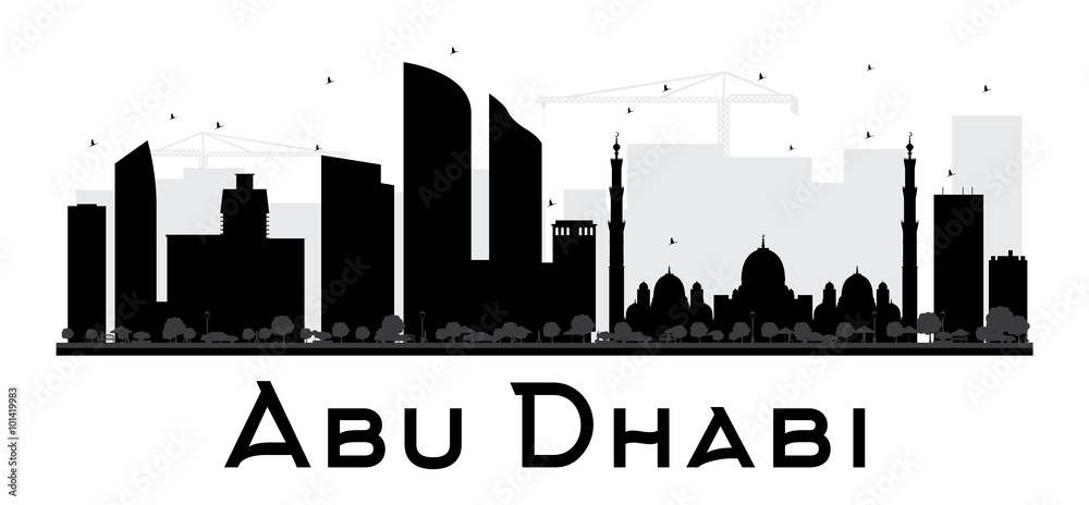 Abu Dhabi City skyline black and white silhouette.