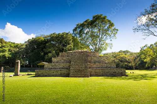 Blue sky day in an ancient pyramid at pre-columbian city of Copan, Honduras