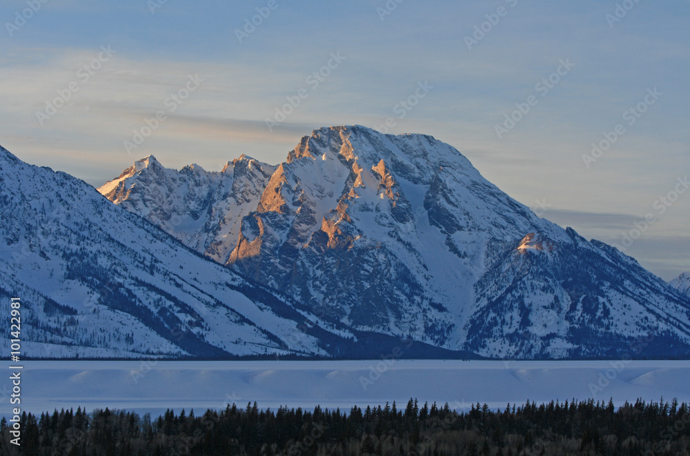 Mount Moran (12,605 ft) in Grand Tetons range of the Central Rocky Mountains in Grand Tetons National Park in Bridger-Tetons National Forest in Wyoming USA near the town of Jackson Hole during winter
