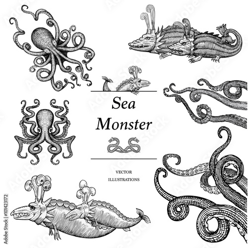 Hand Drawn Sea Monster set