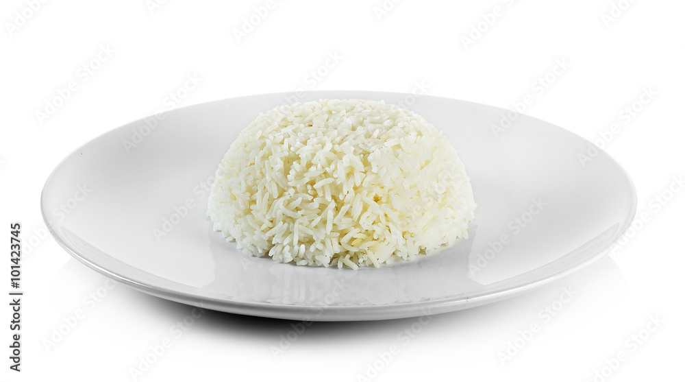 Cooked rice with plate isolated on white background Cooked rice with plate isolated on white background