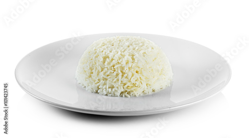 Cooked rice with plate isolated on white background