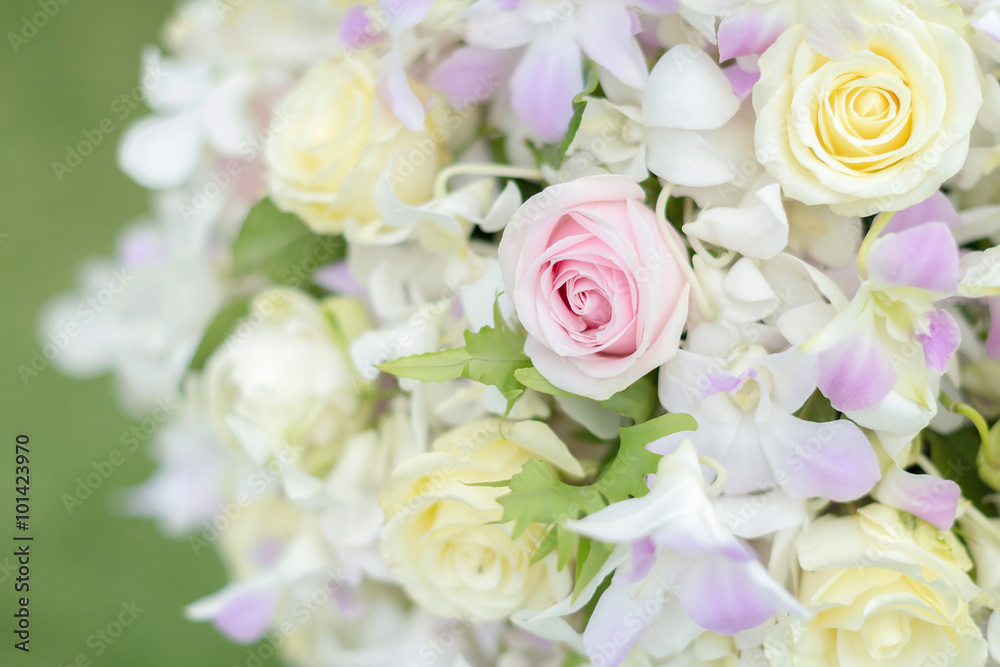 Pastel colors wedding bouquet made of Roses. Selective focus.