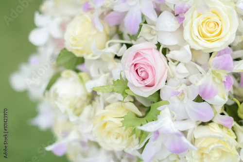Pastel colors wedding bouquet made of Roses. Selective focus.