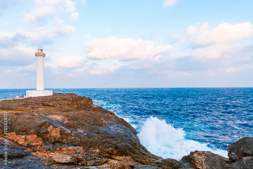 Lighthouse, sunrise, landscape. Okinawa, Japan.
