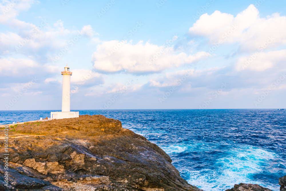 Lighthouse, sunrise, landscape. Okinawa, Japan.
