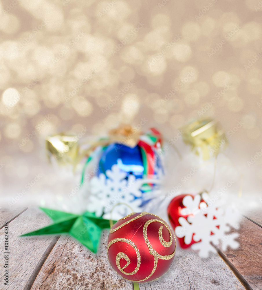 Christmas ornaments on perspective wood