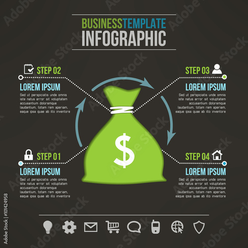 Vector money bag dark infographic template with icons set suitable for business presentations, reports, statistic layout