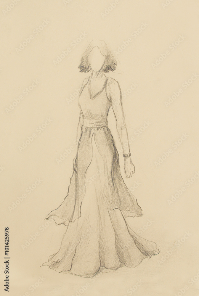 drawing of woman medieval historic dress on paper, designer sketch. drawing of woman medieval historic dress on paper, designer sketch.