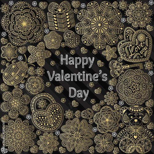 Design of card for Valentines day.Golden pattern with flowers, hearts, bear, gift and key on carbon background.  Text Love you and Happy Valentines day.  Good for weddings, invitations, birthdays