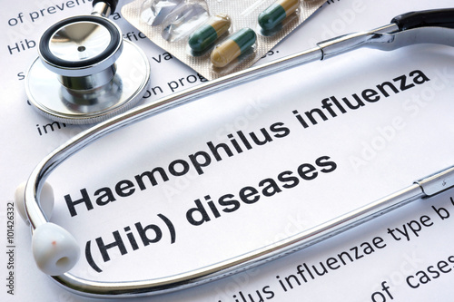 Paper with diagnosis Haemophilus influenza  (Hib) diseases and stethoscope. photo