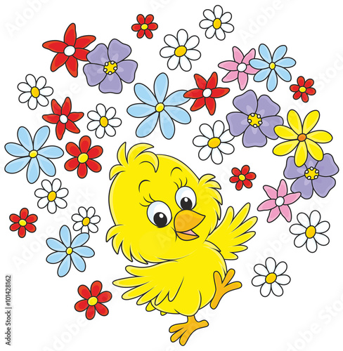 little yellow chick dancing with flowers