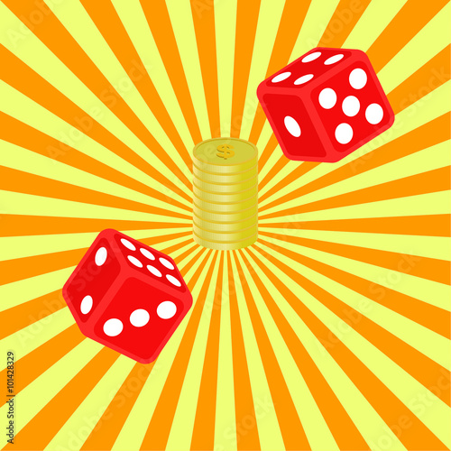Dice and coins on a radiant background