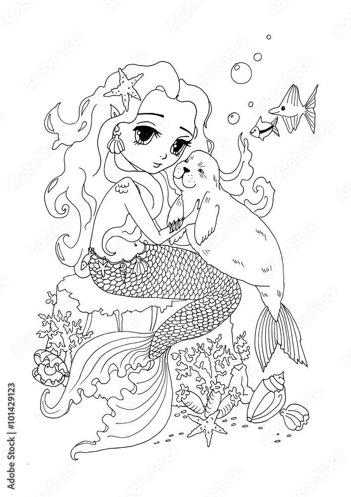 Fototapeta premium Coloring page The Mermaid Lady and the sea cat