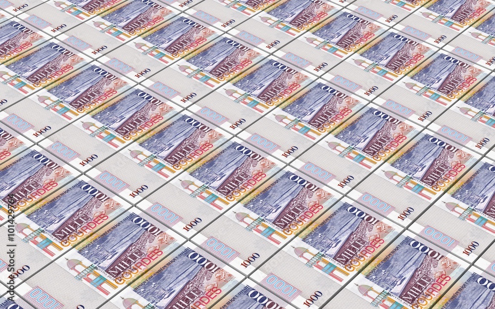 Haitian gourde bills stacked background. Computer generated 3D photo rendering.