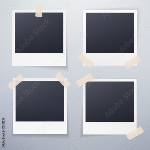 Collection of blank photo frames with adhesive tape, different shadow effects and empty space for your photograph and picture. Vector illustration