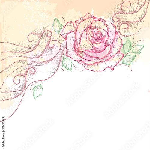 Greeting card with dotted rose and leaves on the textured background with blots in pastel colors. Floral elements in dotwork style.