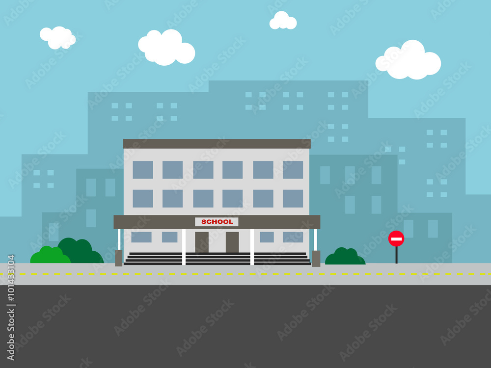 school on the street landscape with clouds, herbs and highway in flat style