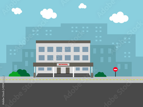 school on the street landscape with clouds  herbs and highway in flat style