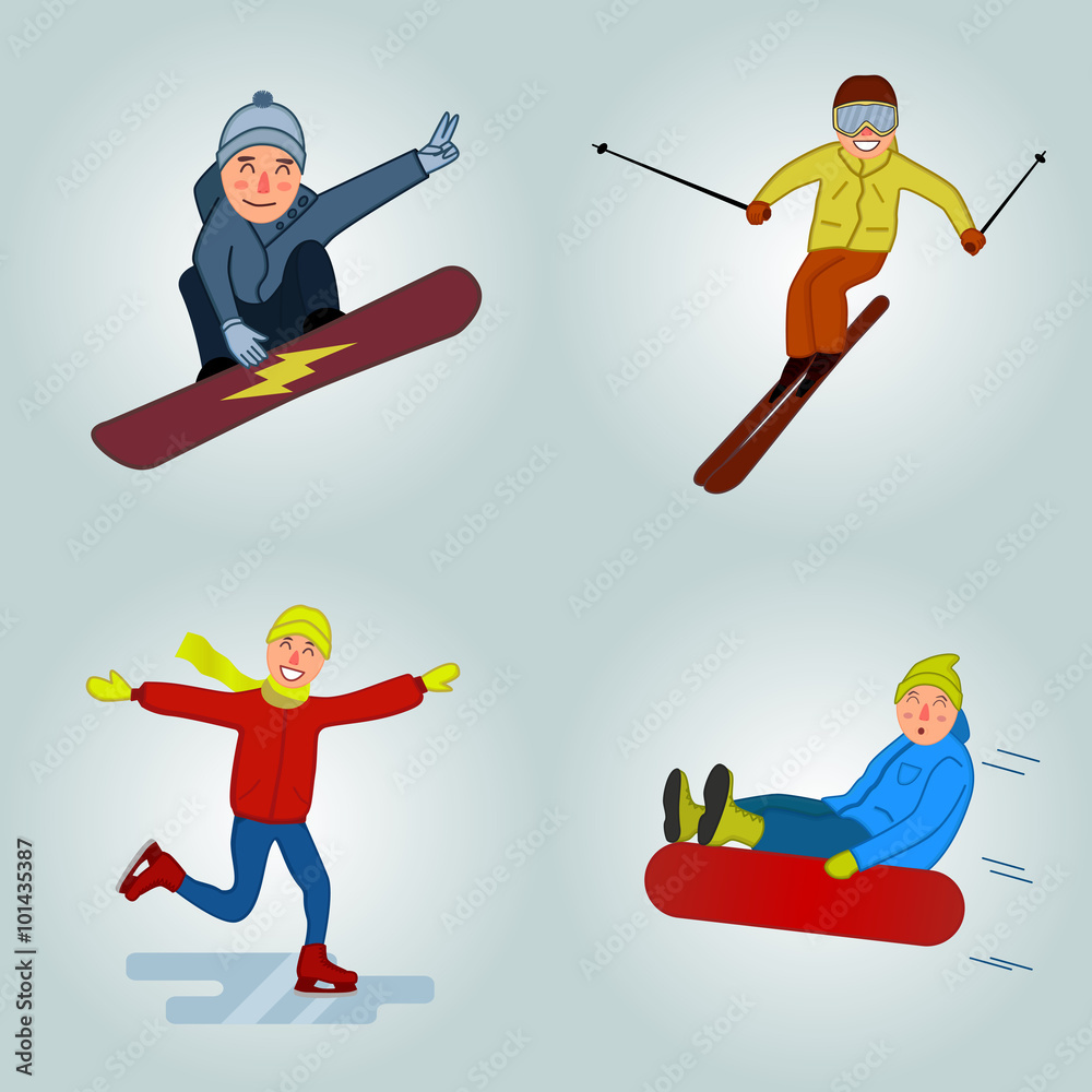 Winter sport cartoon characters winter sport illustration. Funny Skier, Snowboarder, ice skater.Tubing. Skier, Snowboarder people tricks. Skier, snowboarder tricks vector illustration. 