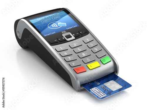 POS Terminal with credit card isolated on a white background photo