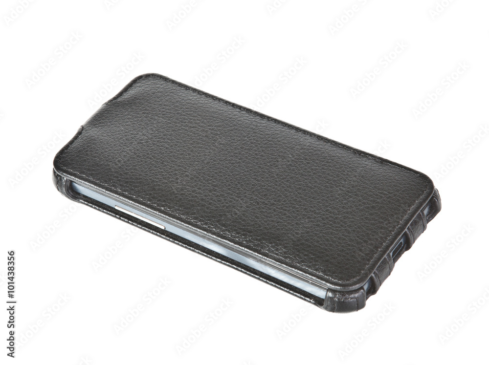 smartphone in black leather cover on a white background smartphone in black leather cover on a white background