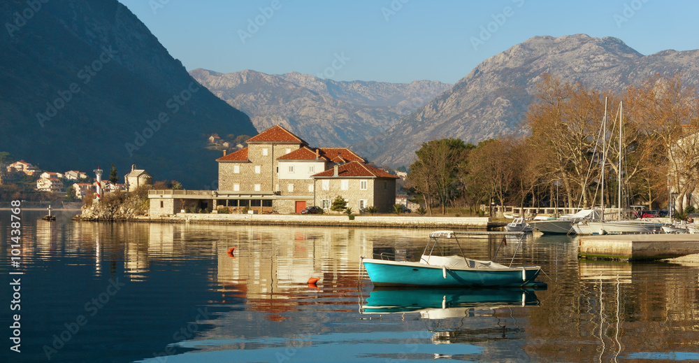 Montenegro. View of Bay of Kotor and the building of the Institute of Marine Biology