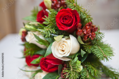 winter bridal bouquet of flowers and fir branches