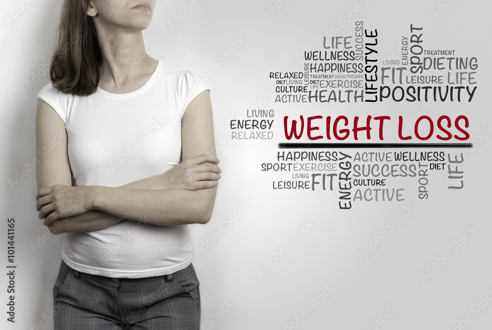 Φωτογραφία Woman on gray background. Weight Loss word cloud, fitness, sport