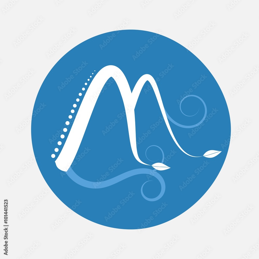 Nature alphabet letter M with creeping plant in blue circle pattern Nature alphabet letter M with creeping plant in blue circle pattern