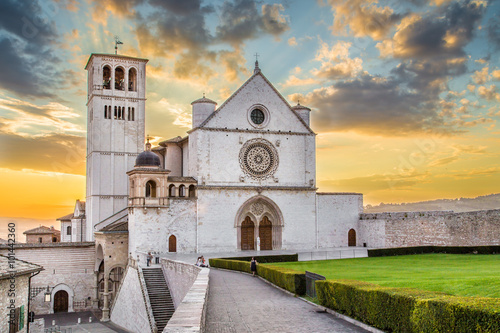 Basilica of Saint Francis of Assisi at sunset, Assisi, Umbria, Italy