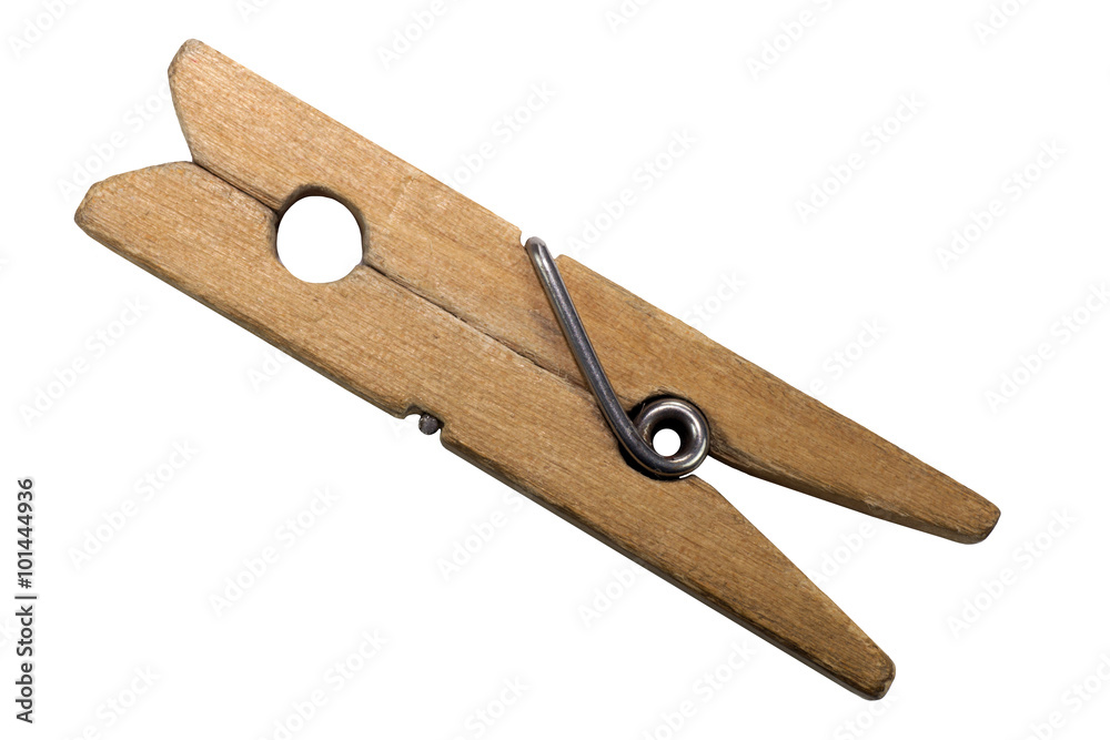 Wooden clothespin drying clothes on a white background closeup Wooden clothespin drying clothes on a white background closeup