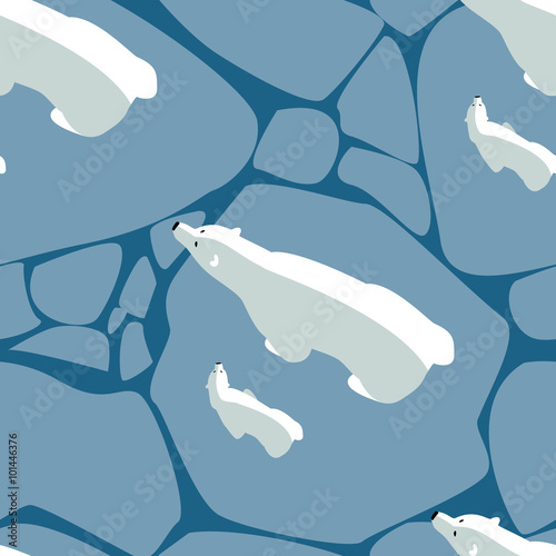 Vector seamless pattern with polar bears. Polar bear with bear cub walking on ice. Family of polar bears.View from above