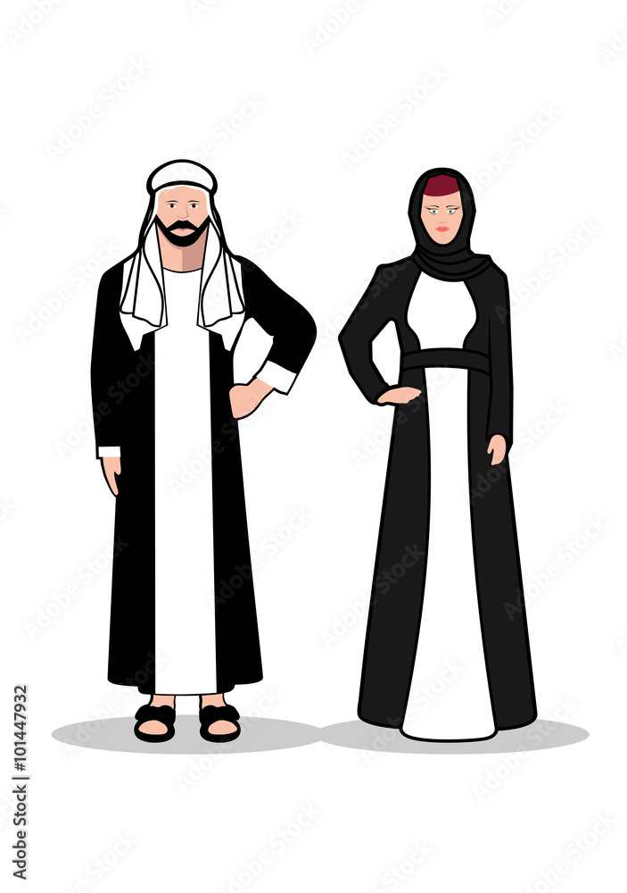 Arab man and woman.In traditional Arab dress on a white background. Arab man and woman.In traditional Arab dress on a white background.