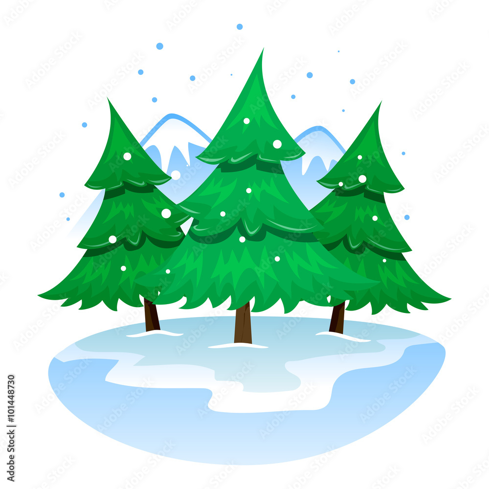 Illustration of Winter Mountains with Pine trees and Snow Falling