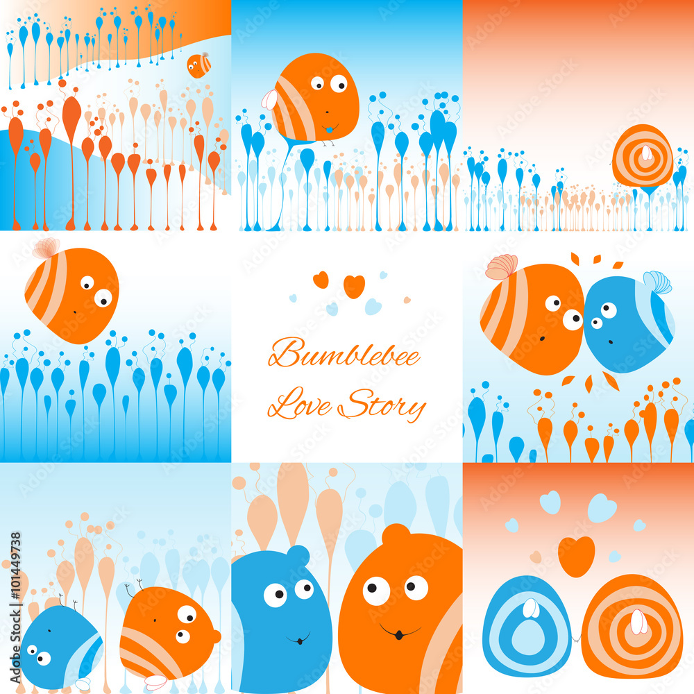 Naklejka premium Cute kawaii bumblebee love story. Set of vector pictures.