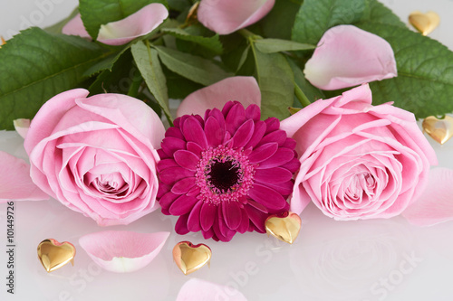 Pink roses and gerbera flower with golden hearts - series of pink flowers