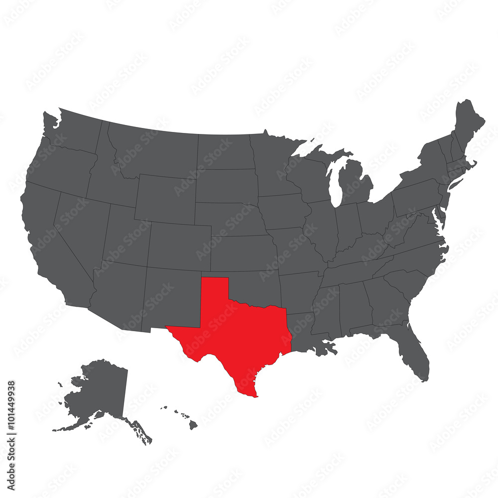 Texas red map on gray USA map vector