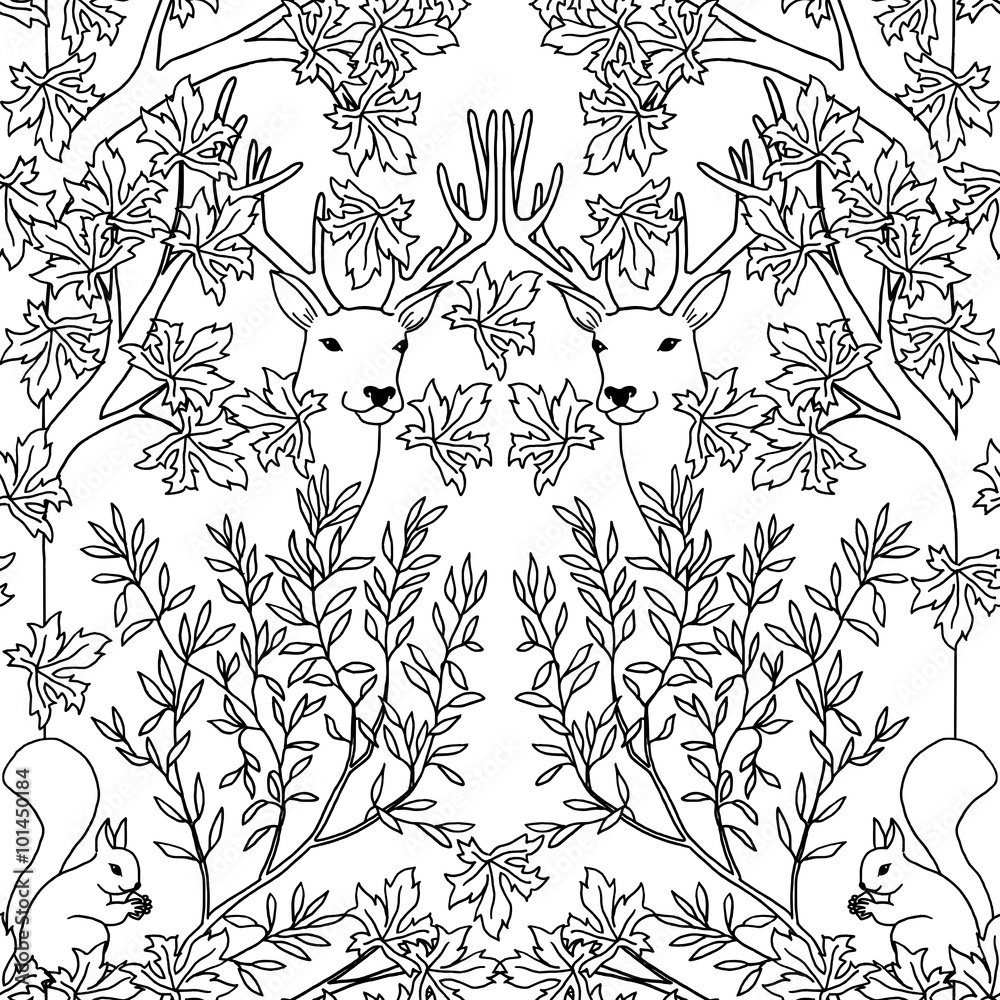 Fotografie Hand drawn seamless pattern with deer and squirrel, black and white