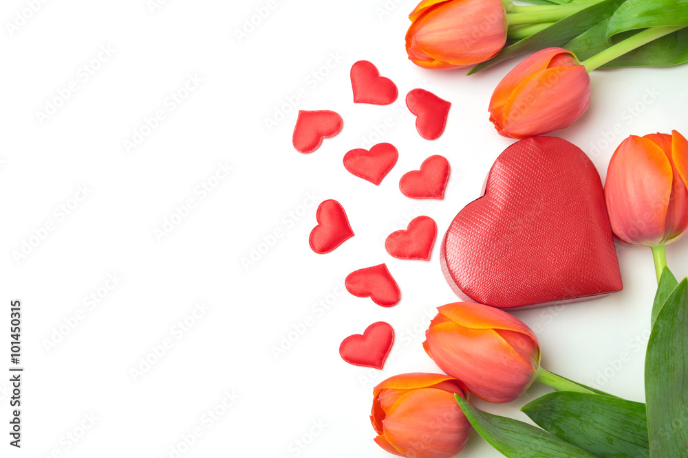 Valentine's day background with tulip flowers and heart shape gift box on white