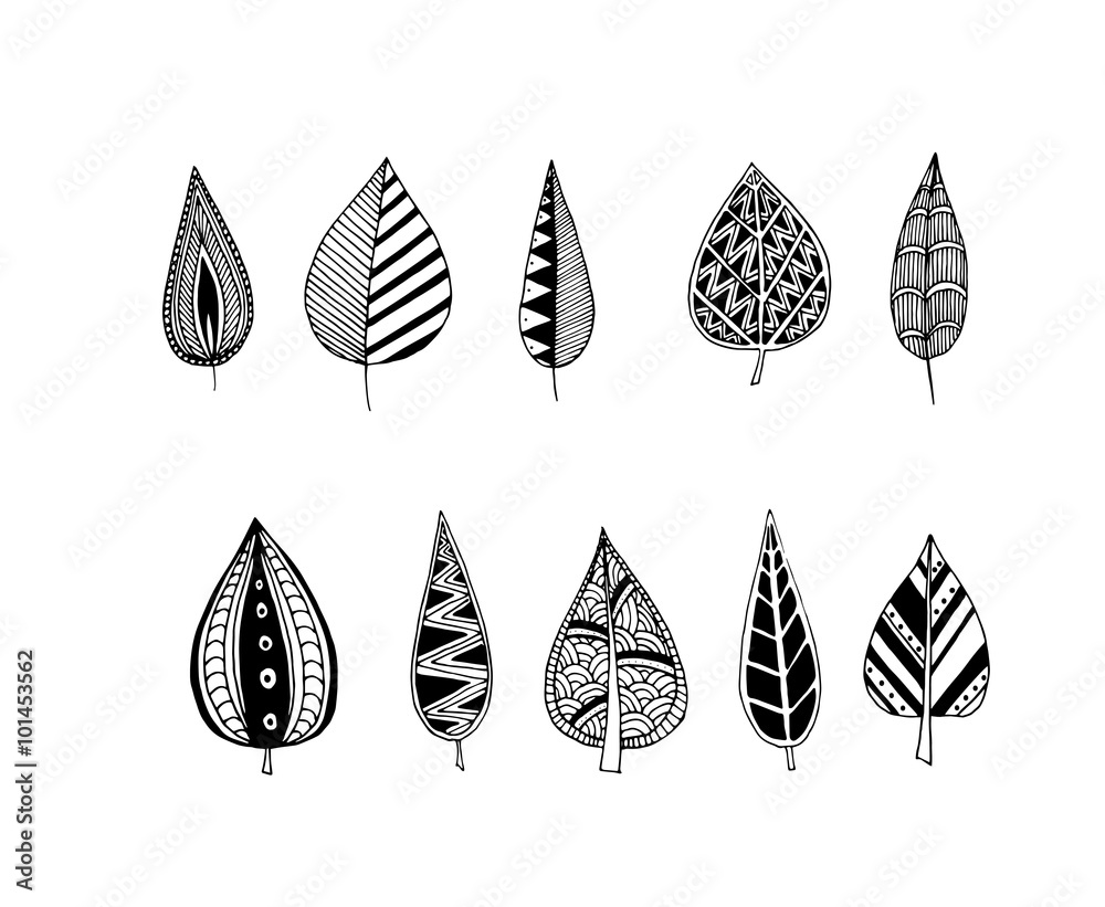 Fotografie Black and white crossed leaves seamless pattern in vector.