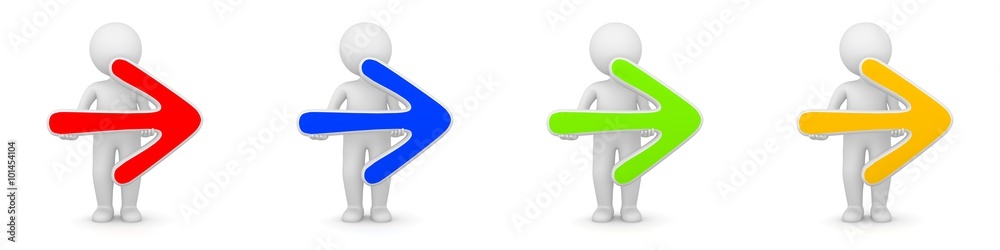 3D Männchen mit Pfeil rechts zeigt Änderung der Richtung - verschiedene Farben