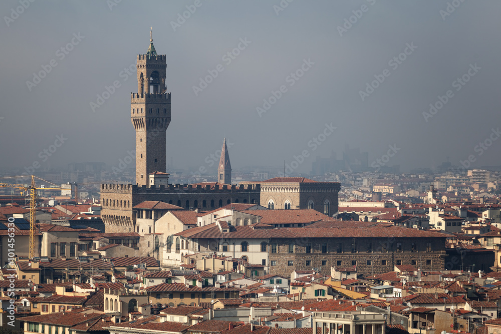 Florence city panorama with Palazzo Vecchio as shot from Piazzale Michelangelo in Tuscany, Italy.
